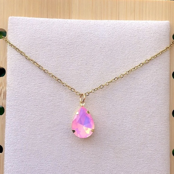 Jewelry - Pink Opal Aurora Borealis Pear Teardrop Crystal Pendant Necklace